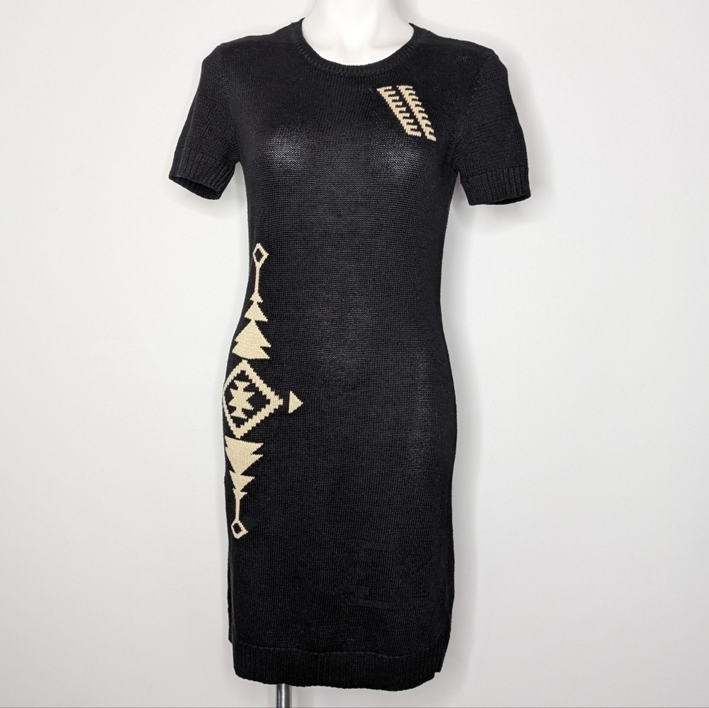 Lauren Ralph Lauren Black Cream Aztec Western Cotton Linen Knit Sweater Dress S